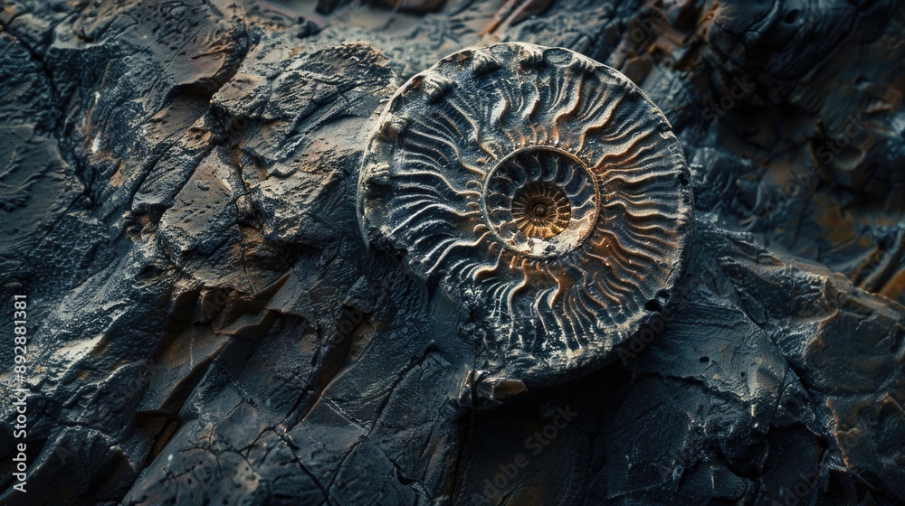 Poster A close-up view of a fossil-like object embedded in a rock, suitable for use in scientific or educational contexts