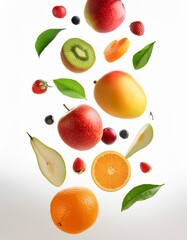 Naklejka premium pluie de fruits en apesanteur sur fond blanc en ia pomme, mangue, kiwi, feuilles, poire, fraises et cerises
