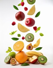 Naklejka premium pluie de fruits en apesanteur sur fond blanc en ia pomme, banane, kiwi, feuilles, orange, poire, fraises et cerises
