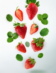 pluie de fraises et de feuilles en apesanteur sur fond orange, papier peint ia nourriture saine