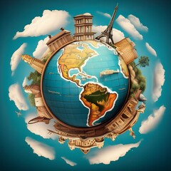 Naklejka premium globe terrestre, terre vue de l'espace avec des nombreux monuments en ia