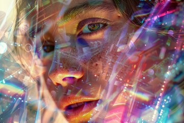 Closeup of a woman's face with iridescent light reflections creating a futuristic effect