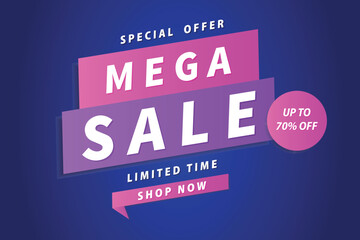 Mega sale banner template design for web or social media. Sale poster on blue background.