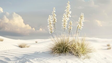 Obraz premium Desert Yucca. Brilliant White Sand Landscape with Flowering Yucca Plant