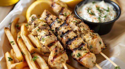 Fototapeta premium Grilled chicken souvlaki with fries and lemon in a Greek eatery