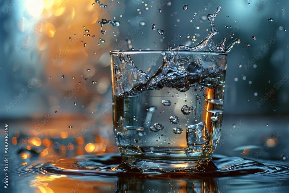 Poster a glass of water with a splash of water on its surface, perfect for illustrating concepts related to