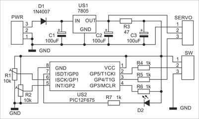 Schematic diagram of electronic device on sheet of paper.  Vector drawing electrical circuit with  
resistor, capacitor, microcontroller, voltage stabilizer,
diode, led, other components.