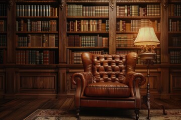 Library At Night. Vintage Style Leather Armchair in Old Library with Ceiling Lamp. Night Scene Room. Three-Dimensional Illustration