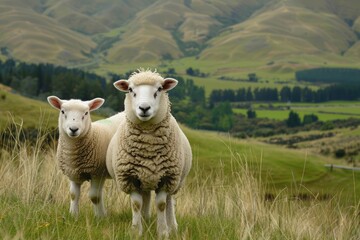 New Zealand Sheep. Scenic Farm Landscape with Grazing Sheep and Lush Green Fields