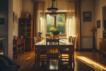 Homely dining room basked in the glow of the setting sun, evoking a peaceful evening atmosphere