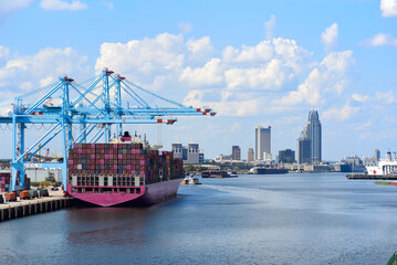 Downtown of Mobile, Alabama, USA and city docks as seeing from port harbour