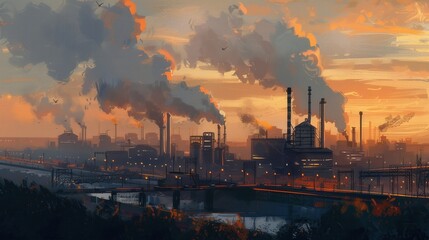 Highway and factory, industrial buildings, smokestacks, urban landscape