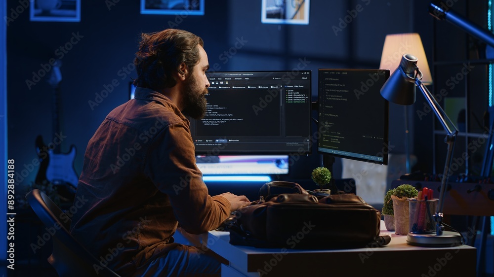 Poster freelancing software programmer arriving in personal office at home, resuming work on coding. self e