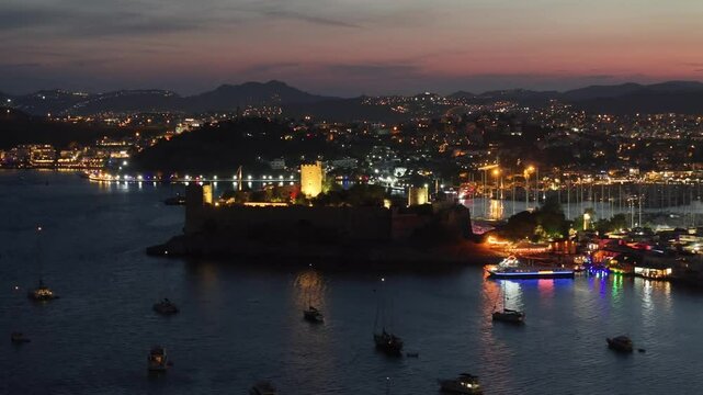 Bodrum Castle and City Streets in the Summer Season Drone Video, Bodrum Mugla, Turkiye (Turkey)

