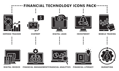 Financial technology black outline icons pack, contain investment, mobile trading, digital invoice and more. vector EPS 10. use for UI, UX financial theme, app and web development.