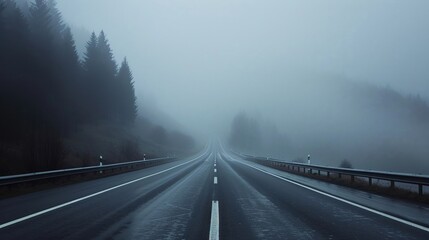 Highway in foggy mountains, low visibility, dangerous driving conditions