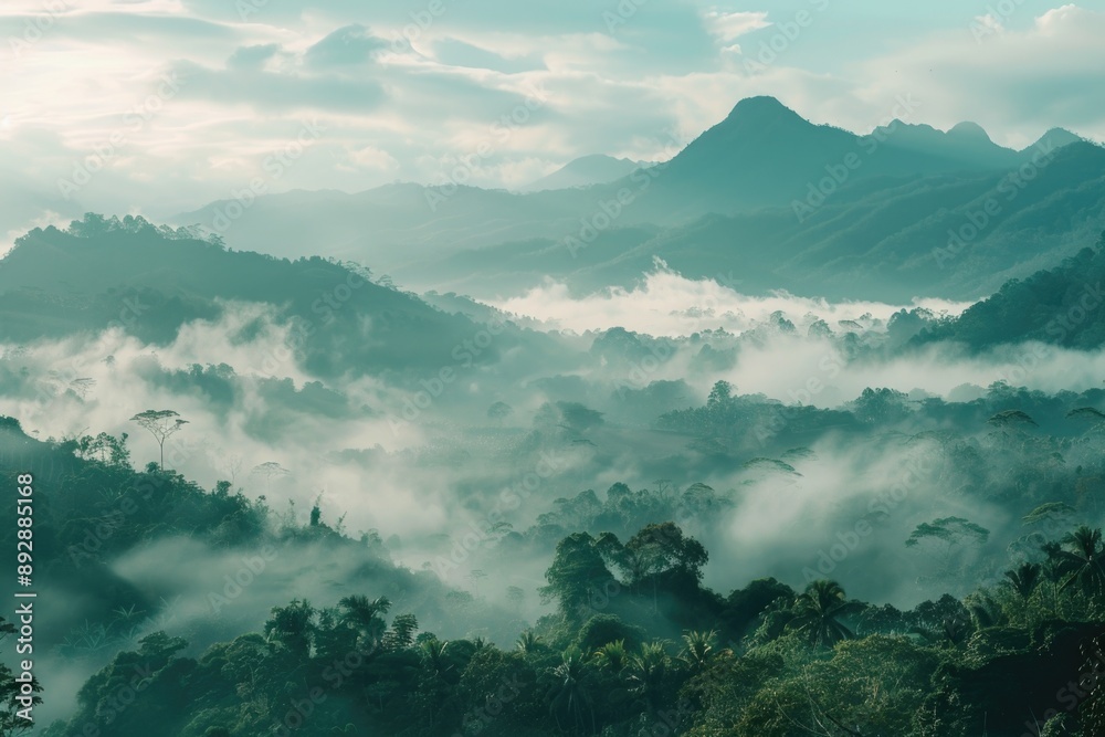 Poster a misty mountain landscape with peaks hidden in the clouds