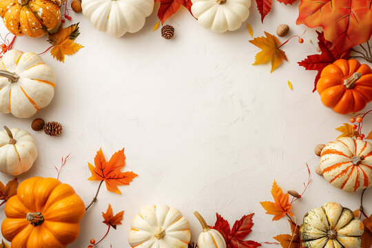 Frame made of pumpkins and fall leaves, fall foliage, white background, fall or Halloween, border