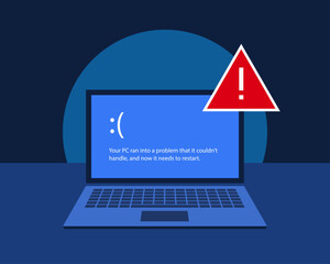 Computer it problem. Blue screen error on a  laptop screen with red warning sign. Simplified vector illustration.