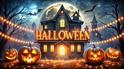 Halloween banner with glowing halloween text and spooky scarey pumpkins, horror house, wolf moon, bat tombstone