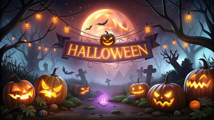 Halloween banner with glowing halloween text and spooky scarey pumpkins, horror house, wolf moon, bat tombstone