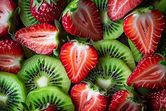 Sliced qiwi and strawberry  background, food photography. Overal plan