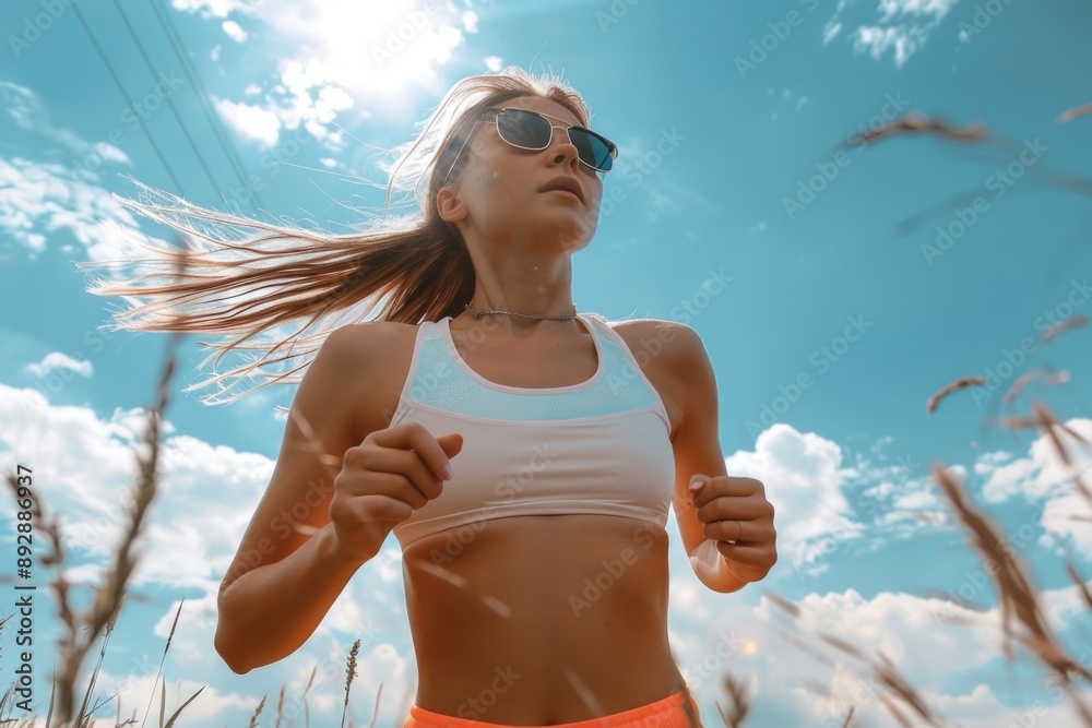 Poster a person running through a field of tall grass