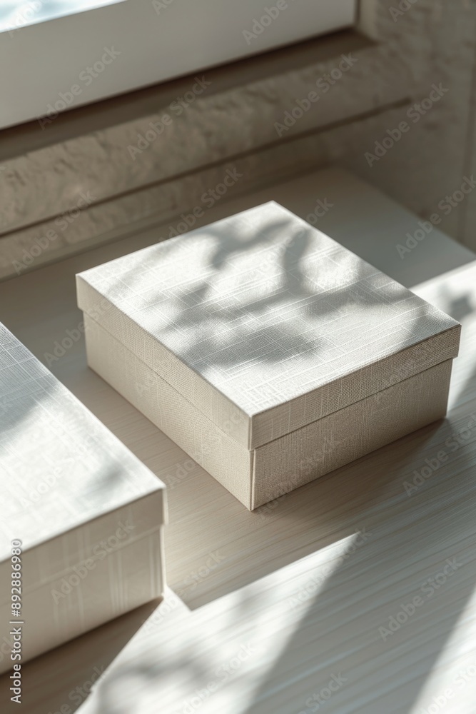 Poster a small white box sits on a table near a window, providing natural light and a sense of simplicity