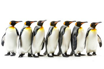 Obraz premium Antarctica King Penguin Colony. Group of Wild Penguins Standing Together on White Background