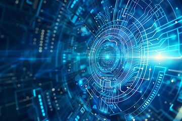 Obraz premium Futuristic Blue and White Technology Background with Holographic Circuit Elements in a Digital Communication Hub, Ideal for Hi-Tech Communication and Innovation Concepts