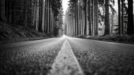 Obraz premium Evergreen Tree Outline. Road Through Forest in Odenwald, Hesse, Germany