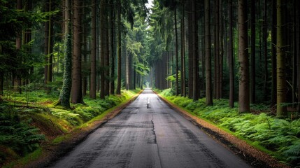 Obraz premium Evergreen Tree Outline. Road Through Odenwald Forest in Hesse, Germany