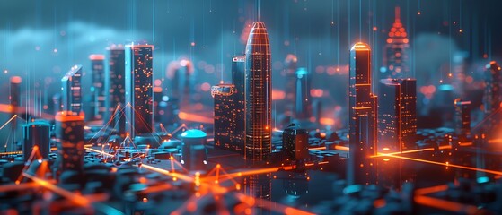 Futuristic Modern City Model Background with Wireless Network and Digital Connectivity Elements in a Smart City