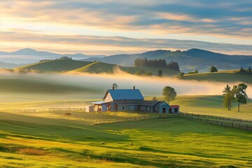 Fototapeta premium Scenic farmhouse at sunrise surrounded by misty fields