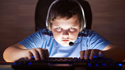 a fat boy playing video games, with a headset and engaged with a keyboard in front of a computer monitor, video games addiction, sedentarism