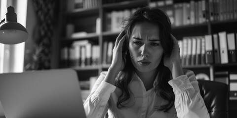 A woman holding her head while sitting in front of a laptop, possibly feeling stressed or experiencing discomfort