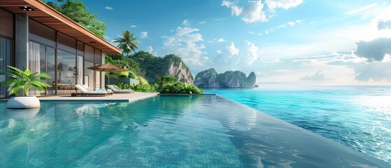 Obraz premium Luxurious vacation resort with infinity pool overlooking a breathtaking ocean view