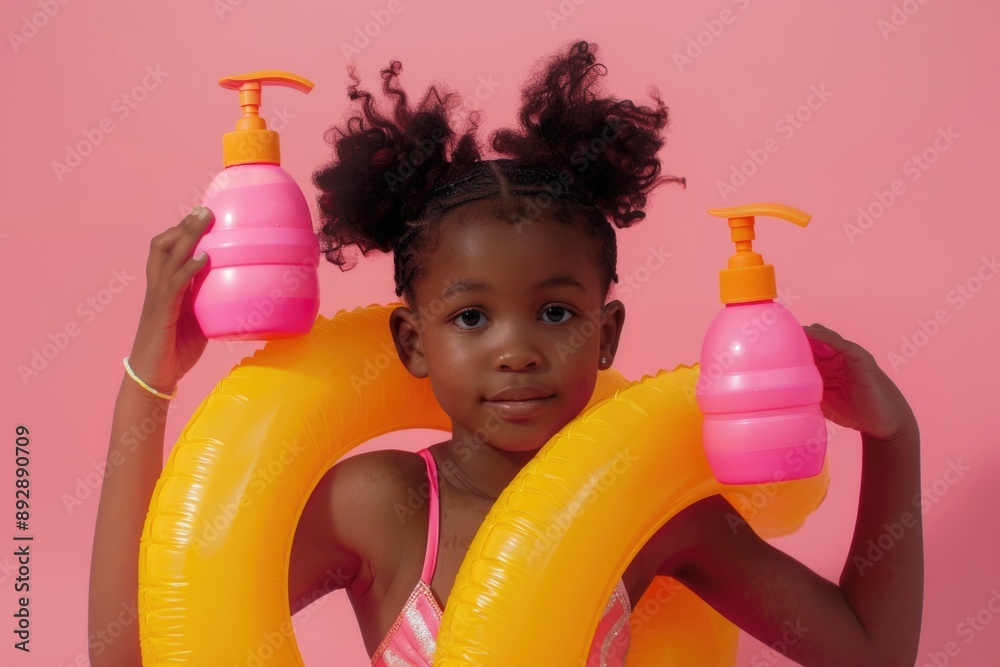 Poster A young girl holding two inflatable tubes, ready for fun in the water