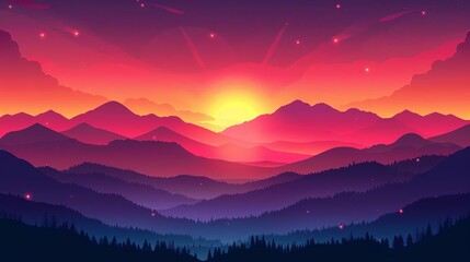 Vibrant sunset with orange and pink hues over a serene mountain range
