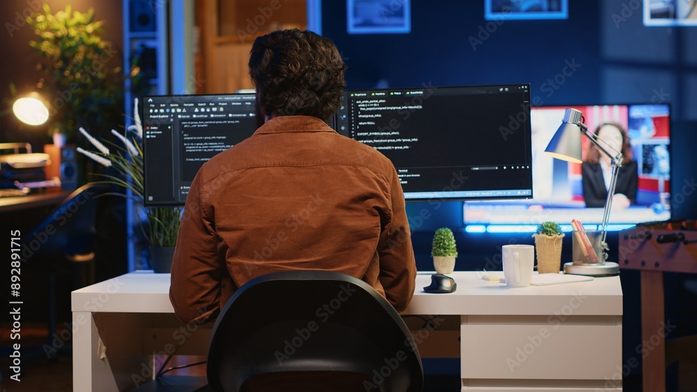 Poster engineer arriving in home office with mug of coffee in hand, ready to start coding using javascript.