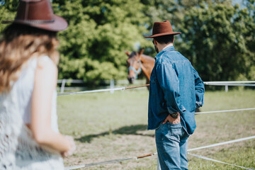 Fototapeta premium Couple wearing cowboy hats and denim outfits, observing a horse in a green pasture on a sunny day at the ranch.