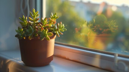 Potted crassula on the windowsill