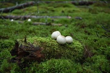 A trio of fungi sit atop a mossy log, surrounded by natural foliage