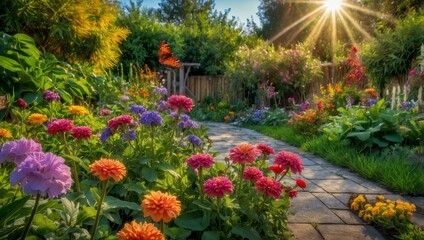 Obraz premium A peaceful garden with a variety of blooming flowers and butterflies. generative AI.