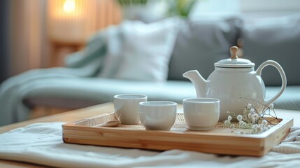 A cozy setup with a white tea set on a wooden tray and countertop, ideal for home decor and relaxation.