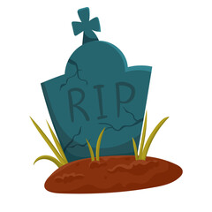 Memorial tombstone with for Halloween. Hand-drawn flat vector illustration on Halloween theme, grave and tombstone with cracks isolated on white background. Illustration in flat style