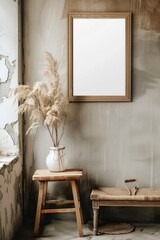 A simple scene of a wooden bench placed beside a mirror on a wall