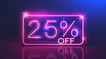 Neon 25% OFF sign: futuristic holographic style with a dark background and a glowing effect.