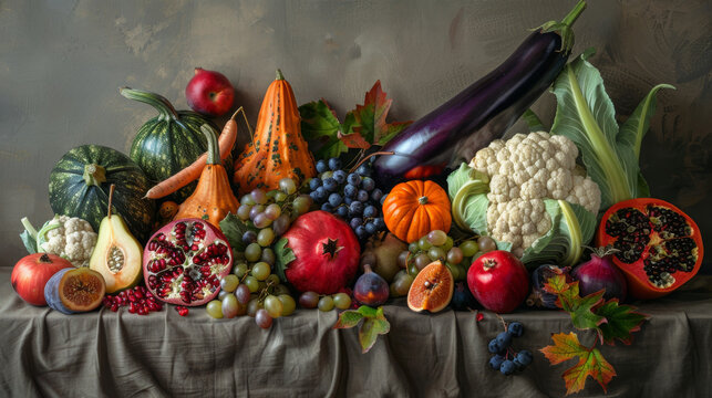 Still life of assorted autumm fruits and vegetables