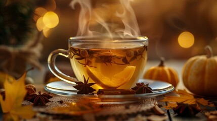 Steaming cup of tea with autumn spices. Tea close-up